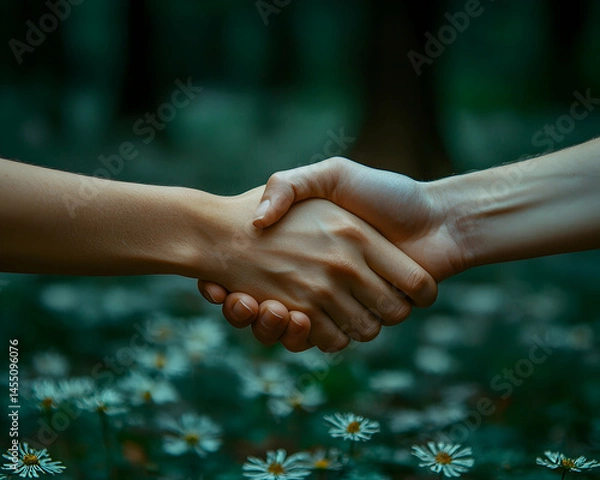 Fototapeta Two hands clasp in a handshake amidst a field of wildflowers, with a dark forest background