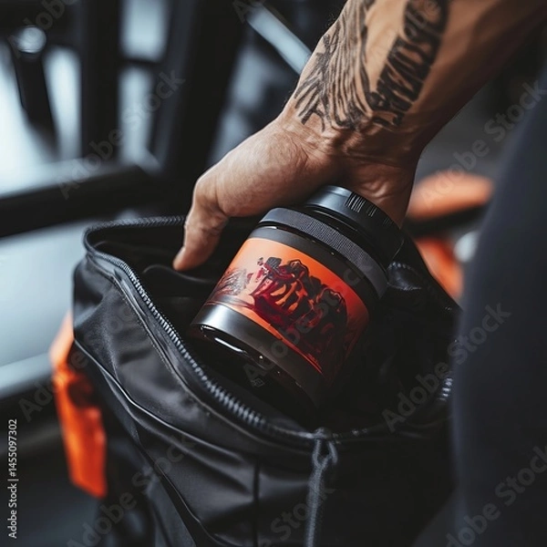 Obraz Close-up of a hand taking a sports nutrition jar from a gym backpack.
