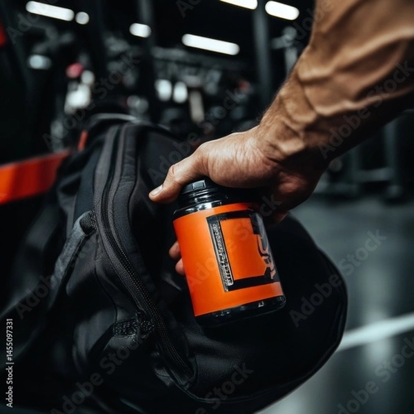 Obraz Black protein powder jar with red label in an open gym bag, hand reaching in.
