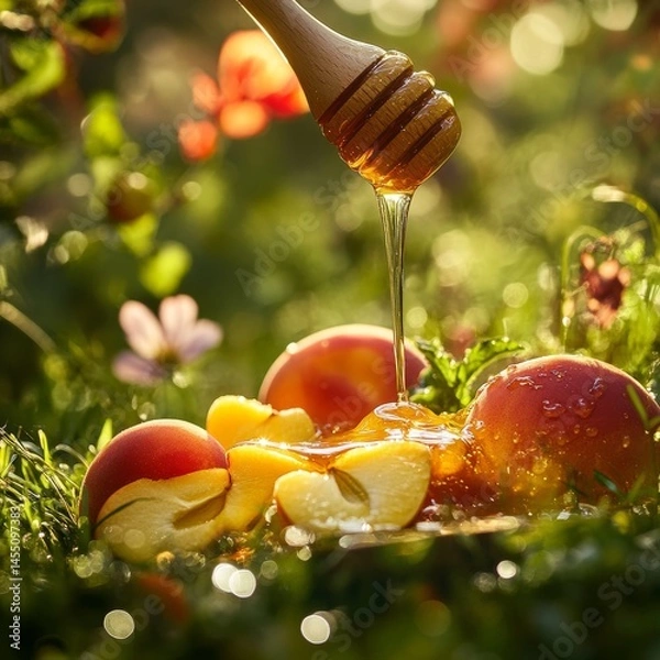 Obraz A wooden honey scoop drips golden honey onto bright peaches in a lush summer field.