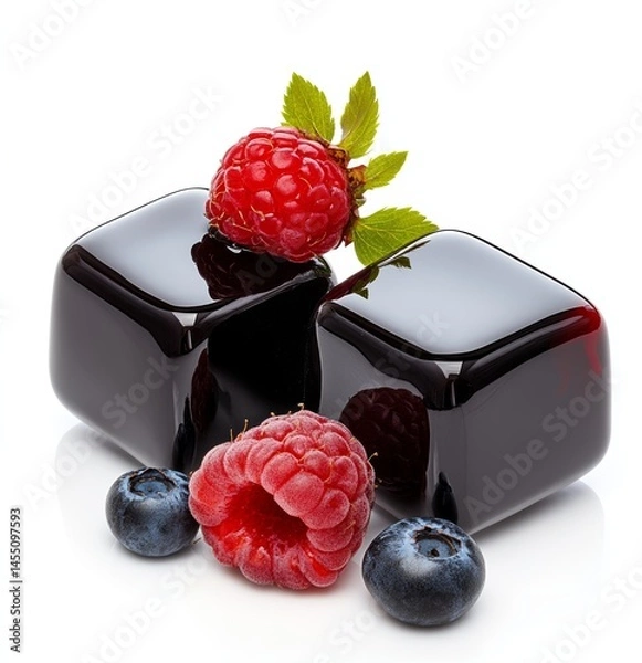 Obraz Exquisite jelly candy garnished with blueberries, raspberries and mint, drizzled with syrup.
