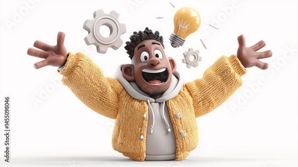 Obraz Excited Individual with Light Bulb and Gears Creativity Innovation and Problem Solving Conce