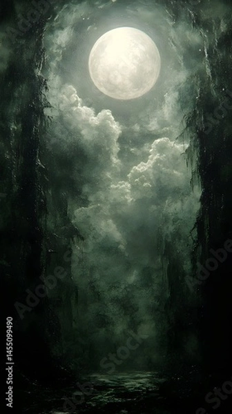 Fototapeta A full moon casts a ghostly glow on a shadowy forest