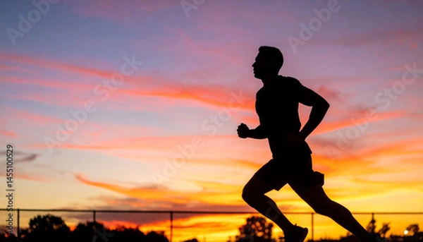 Obraz Silhouette of athlete running on track with vibrant sunset sky