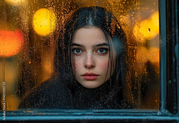 Fototapeta A melancholic image of a person gazing through a rain-covered window, evoking deep sadness.