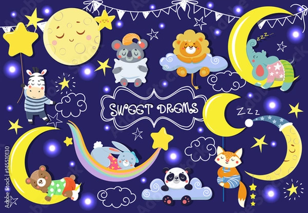 Fototapeta Collection with cute sleeping animals. Moons and stars. Vector illustration