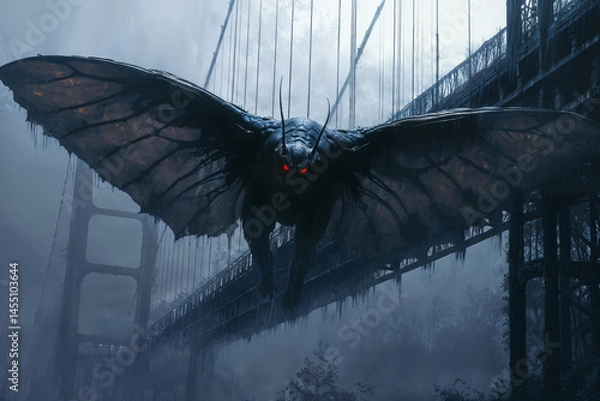 Obraz The Mothman flying over a bridge, cryptid folklore creature