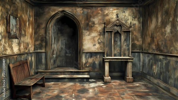 Fototapeta A room with a bench and a small altar. the room is empty and has a very old and worn appearance. [Hollow Monoliths] | Derelict Shrines | abandoned altars. Illustration