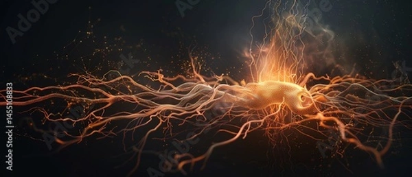 Fototapeta background Network of glowing lines resembling plant root systems or neural networks against a dark clean