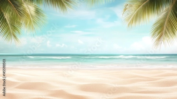 Fototapeta Tropical Beach with Palm Leaves Framing a Peaceful Ocean View