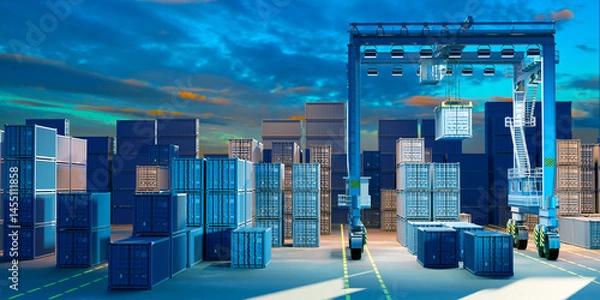 Fototapeta Unloading containers in cargo harbor. Port area with container warehouse. Logistics terminal in evening. Gantry crane while moving containers. Port with metal boxes for cargo delivery.