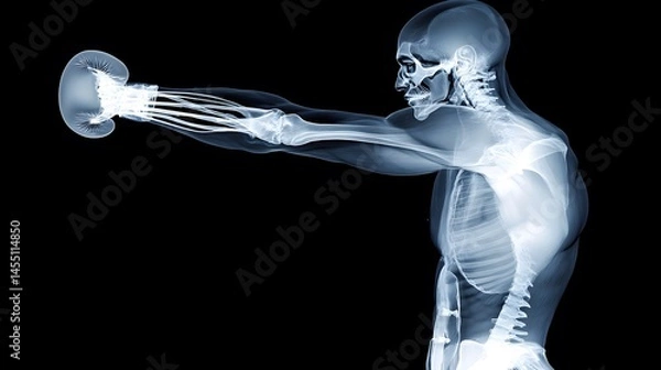 Obraz X-Ray of Boxer Throwing Punch: An X-ray image of a boxer throwing a punch, focusing on the muscles and bones in the arm and shoulder as they move. 

