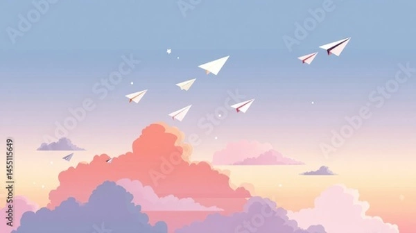Fototapeta Clouds Transform Into Playful Paper Airplanes in a Sunset Sky