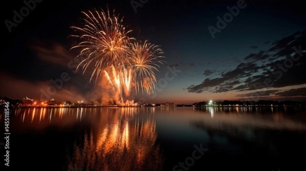 Fototapeta Dazzling Fireworks Illuminate the Night Sky Over a Tranquil Lake