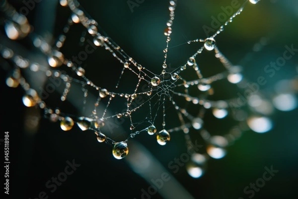 Fototapeta Dew Droplets Shimmer in Perfect Hexagonal Formation on Spider Silk