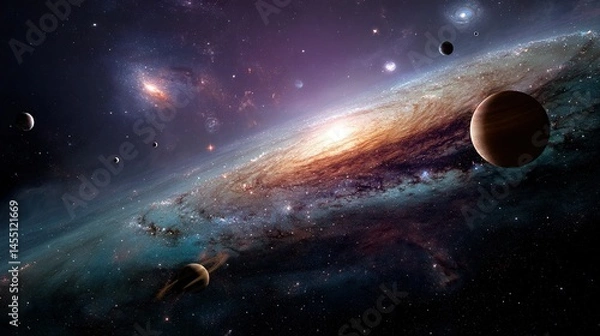 Fototapeta   An artistically rendered depiction of a celestial body system featuring planets in the foreground and a distant star in the backdrop