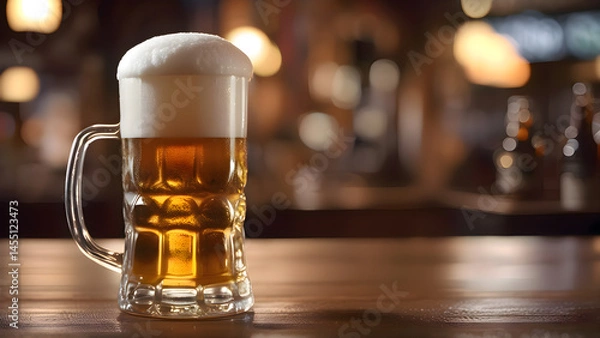 Fototapeta Glass of beer sitting on a wooden table in a bar with warm ambient lighting and casual atmosphere