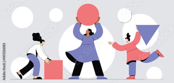 Fototapeta Creative Teamwork and Collaboration Concept, People Playing with Geometric Shapes in Abstract Illustration 
