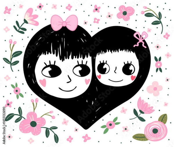Fototapeta Cute mother and daughter vector floral design, with mom and child faces in a heart shape with pink flowers, Mother's Day greeting card or background