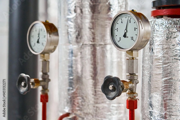 Obraz Brass Industrial Pressure Gauge Measuring in Bar