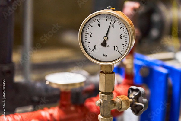 Obraz Close-up of a Brass Industrial Pressure Gauge Measuring in Bar, Connected to a Piping System.