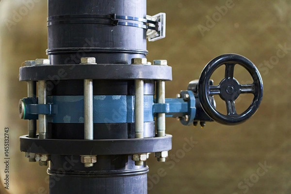 Obraz Detailed Close-up of a Black Industrial Pipe with a Blue Flanged Valve and Handwheel for Manual Flow Control