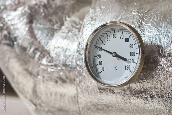 Fototapeta Industrial Pressure Gauge with Metal Housings and Insulation Displaying Measurements in Bar on a Piping System.