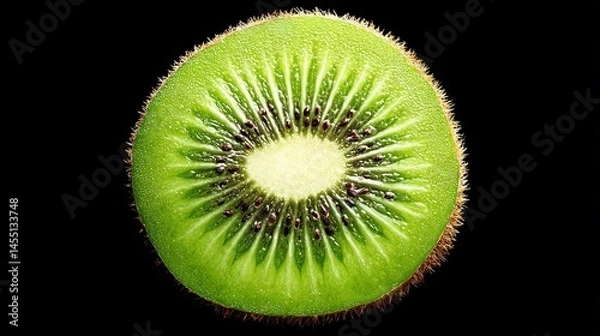 Fototapeta   A high-resolution photo of a kiwi fruit's close-up on a dark backdrop, with its white flesh prominently displayed in the center