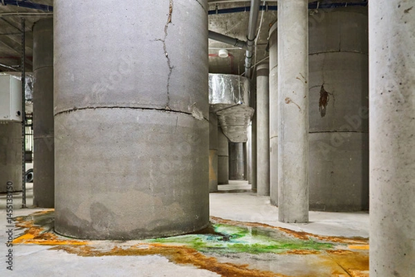 Obraz Leakage of Colored Water from Damaged Concrete Support Pillars Possibly Indicating an Issue with a Pool or Building Structure