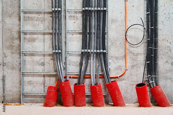 Obraz Organized Installation of Multiple Electrical Cables and Conduits Secured to a Concrete Wall with Metal Supports.