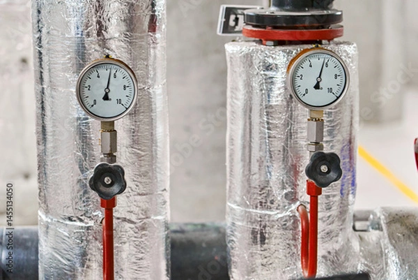Obraz Two Industrial Pressure Gauges with Metal Housings and Insulation Displaying Measurements in Bar on a Piping System.