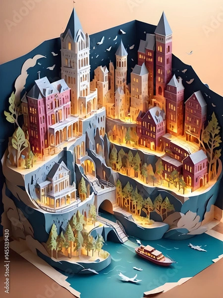 Fototapeta Paper Art Fantasy Cityscape with Illuminated Buildings and River