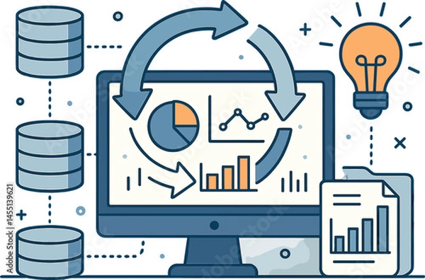 Obraz Data integration and business intelligence. Vector illustration of system syncing and centralized insights. Perfect for analytics firms and IT services.