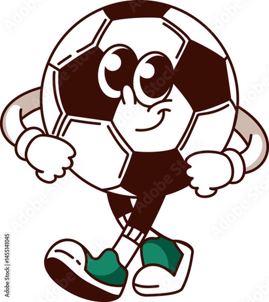 Fototapeta Groovy soccer ball cartoon character walking with smile to stadium. Funny retro ball for match on championship with comic face. Sport mascot, cartoon sticker of 70s 80s style vector illustration