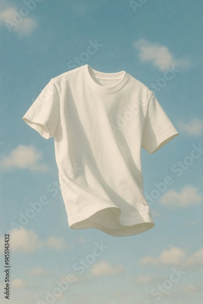 Fototapeta White t-shirt floating against blue sky in summer breeze