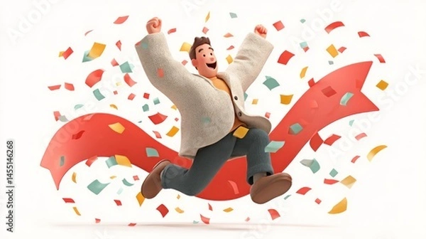 Obraz Celebration Success Joyful Figure Riding a Ribbon Amidst Confetti