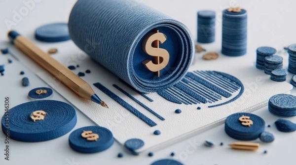 Obraz Financial Planning and Budgeting A Detailed View of Dollar Symbols Coins and Documents