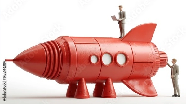 Obraz Businessman with laptop on a red rocket symbolizing innovation and technology in the corporate