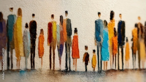 Fototapeta A vibrant oil painting depicting a diverse group of people, standing close together in a colorful, impressionistic style.