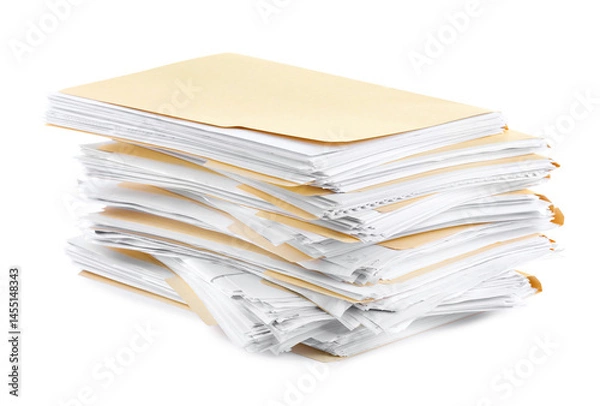 Fototapeta Stack of file folders with papers isolated on white