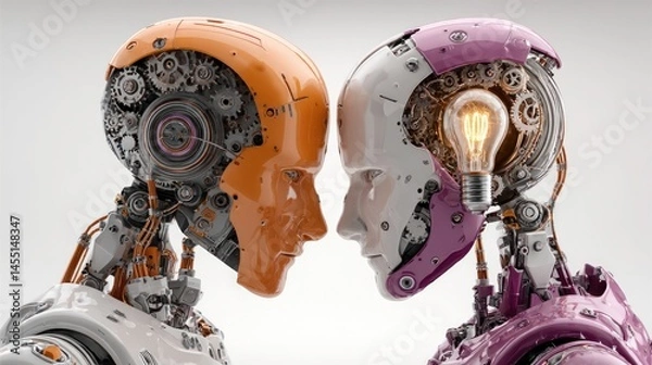 Obraz Futuristic Robots with Mechanical Gears and Light Bulb Symbolizing Innovation and Creativity i