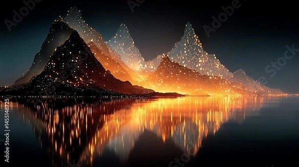 Fototapeta Mystical illuminated mountain ranges reflect on tranquil water at night
