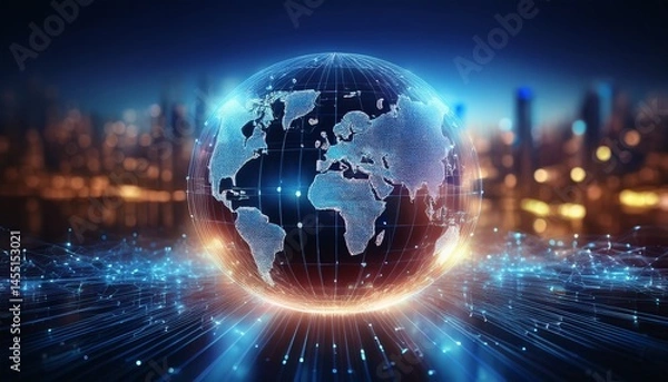 Fototapeta glowing digital globe with illuminated city lights and bokeh background global network concept