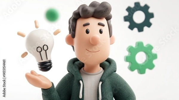 Obraz Innovative Thinking A Cartoon Character Holding a Light Bulb with Gears and Symbols Floating A