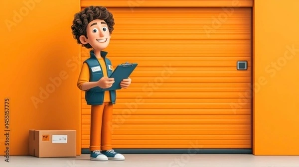 Obraz A delivery worker with a clipboard and package standing by an orange storage unit ready for l