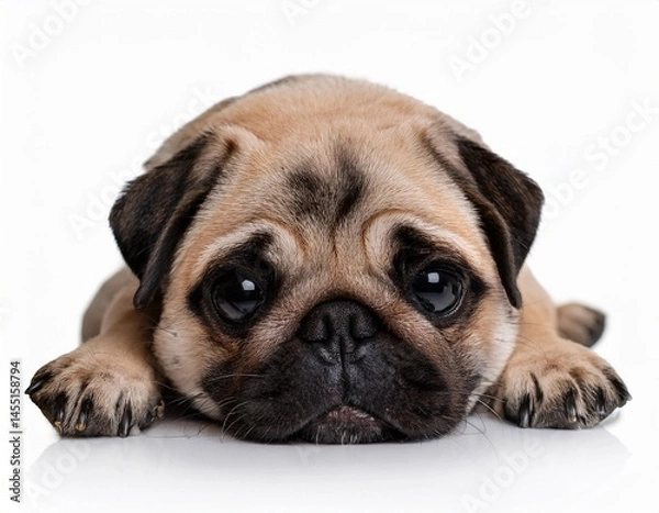 Fototapeta adorable chubby pug dogs lying down with sad puppy eyes isolated on white background