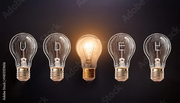 Fototapeta row of five light bulbs with one illuminated and labeled idea symbolizing creativity and leadership idea concept