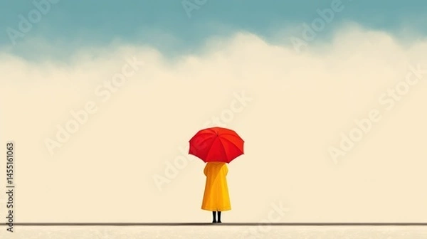 Fototapeta   A person with a red umbrella stands in a blue field beneath cloudy skies