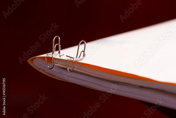 Obraz view of the edge of a salmon colored portfolio folder, with two paper clips sitting on the edge like a couple holding hands in love