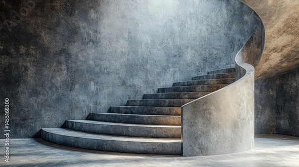 Fototapeta A photorealistic 4K side angle view of a concrete spiral staircase showcasing visual depth with light and shadow in a modern 3D architectural background.